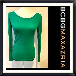 “BCBGMAXAZRIA” Green Boat-Neck Rib-Knit Long-Sleeve Top